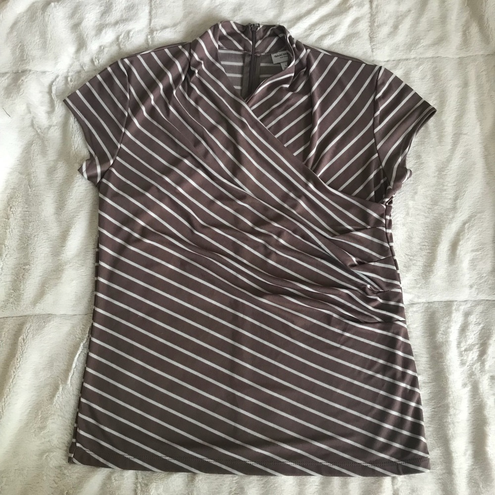 Tan and white striped faux wrap blouse